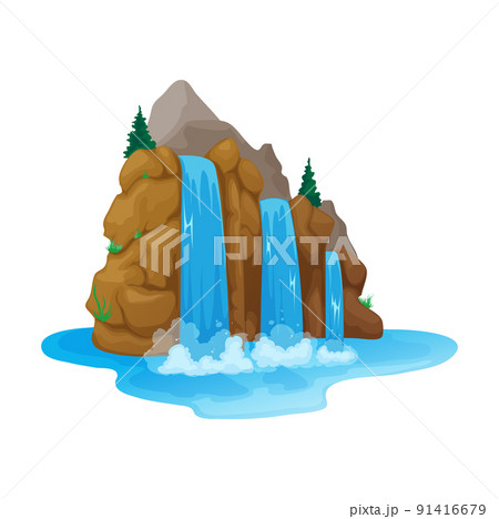 Cartoon waterfall landscape, water streams falling from rocks, water cascade scenery. Vector wild nature and streaming river, game, web or travel element 91416679