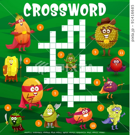Superhero fruits crossword puzzle game grid. Children word puzzle logical riddle, quiz vector worksheet with cartoon grape, papaya and durian, carambola, melon and pear, figs and lychee characters 91416685