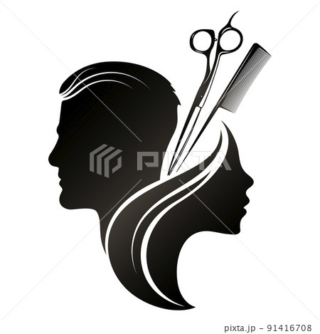 Woman and man head silhouette beauty salon and barbershop 91416708