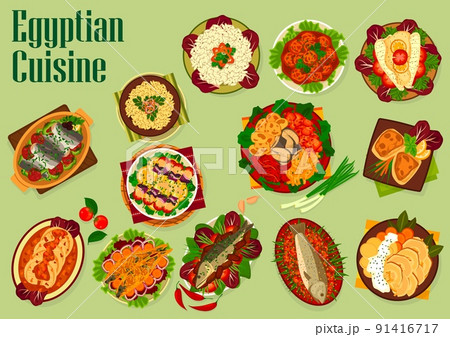 Egyptian cuisine fish dishes with vector vegetables, rice and noodles. Traditional Arabian food, sardine koftas, fish kebabs with tarator sauce and sesame pasta, baked mackerel, swordfish and trout 91416717