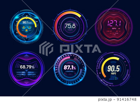 Car speedometer gauges with neon light panel and dials, vector dashboard indicators on tachometer. Speed meter mph gauges in blue purple neon with loading bars, battery, fuel and velocity level scales 91416748