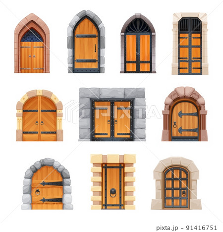 Cartoon medieval castle gates and doors, exterior arch portals with stone doorways. Vector wooden fairytale arched or rectangular entries. Palace architecture elements with forgery and ring knobs set 91416751
