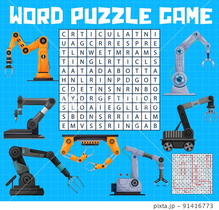 Robot arms factory, word search puzzle game worksheet on vector grid. Word search riddle to find words of industrial robot arms, robotic hands and mechanical hydraulic machines Robot arms factory, word search puzzle game worksheet on vector grid. Word search riddle to find words of industrial robot arms, robotic hands and mechanical hydraulic machines 91416773