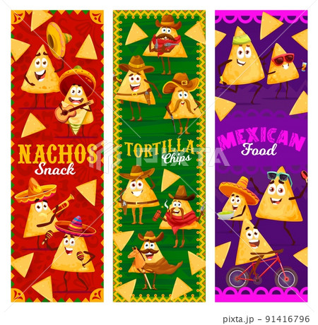 Cartoon mexican nachos chips characters and personages. Vertical vector banners with funny mariachi and cowboys tex mex snacks playing instruments, wear sombrero and guns, relaxing, sport or party fun 91416796