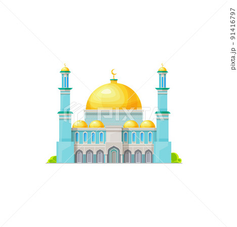 Muslim mosque vector building with gold dome, Islam religion architecture. Cartoon islamic mosque or masjid with minaret towers and gold crescents, house of prayer, Muslim worship place 91416797