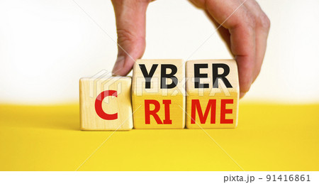 Cyber crime symbol. Concept words Cyber crime on wooden cubes. Businessman hand. Beautiful yellow table white background. Business and cyber crime concept. Copy space. 91416861