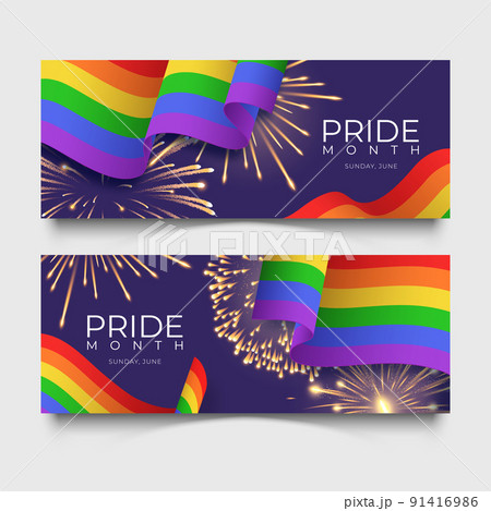 Banners with the LGBT rainbow realistic waving flags and fireworks. Symbol of lesbian, gay, bisexual, transgender 91416986
