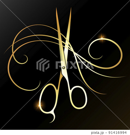 Golden barber scissors and a beautiful lock of&hellip;のイラスト素材 [91416994] - PIXTA