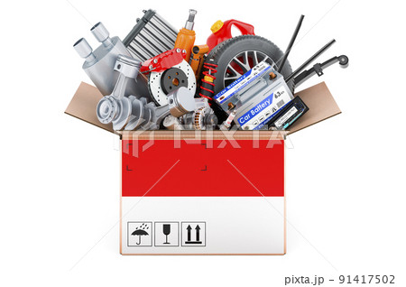 Indonesian, Monacan flag painted on the parcel with car parts. 3D rendering Indonesian, Monacan flag painted on the parcel with car parts. 3D rendering 91417502