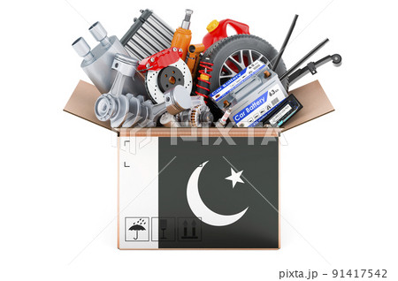 Pakistani flag painted on the parcel with car parts. 3D rendering Pakistani flag painted on the parcel with car parts. 3D rendering 91417542