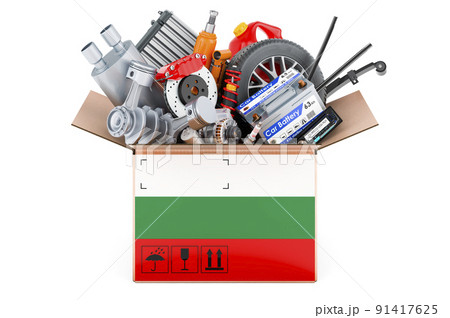 Bulgarian flag painted on the parcel with car parts. 3D rendering Bulgarian flag painted on the parcel with car parts. 3D rendering 91417625