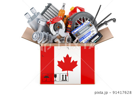 Canadian flag painted on the parcel with car parts. 3D rendering 91417628