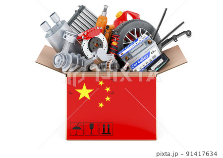 Chinese flag painted on the parcel with car parts. 3D rendering Chinese flag painted on the parcel with car parts. 3D rendering 91417634