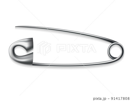 Safety pin icon. Metal sewing tool for fasten pieces of clothing together. Vector design of opened silver or stainless steel safety pin on white background Safety pin icon. Metal sewing tool for fasten pieces of clothing together. Vector design of opened silver or stainless steel safety pin on white background 91417808