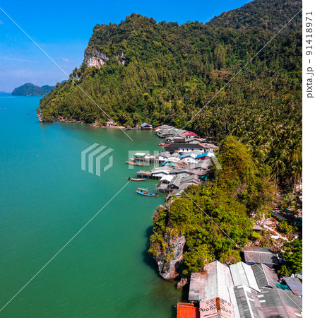 Aerial view of Ao Kram or Baan Ao Khram fisherman village in Chumphon, Thailand 91418971