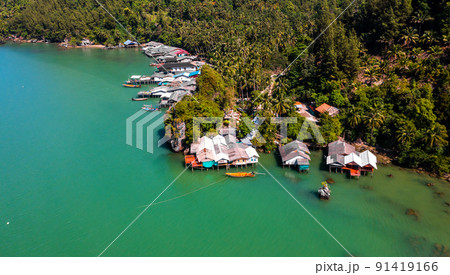 Aerial view of Ao Kram or Baan Ao Khram fisherman village in Chumphon, Thailand Aerial view of Ao Kram or Baan Ao Khram fisherman village in Chumphon, Thailand 91419166