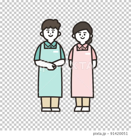 男女のスタッフ　エプロン付き 91420051