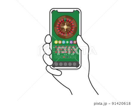 オンラインカジノのルーレットを、スマートフォンでプレーする人のイラスト 91420618