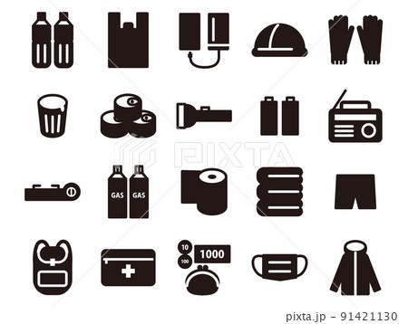 防災グッズイラストのセット_黒ベタ 防災グッズイラストのセット_黒ベタ 91421130