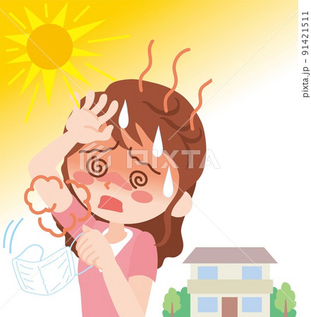 熱中症_屋外でマスクを外す女性 熱中症_屋外でマスクを外す女性 91421511