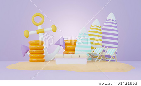 3d render Summer sale podium stand for showing product. Beach Vacations Scene in Summer for mock up. 3d render Summer sale podium stand for showing product. Beach Vacations Scene in Summer for mock up. 91421963