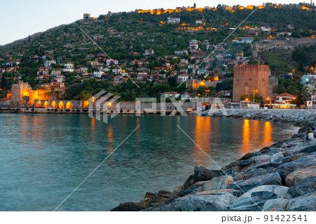 Red Tower and Tersane shipyard in twilight, Alanya, Turkey Red Tower and Tersane shipyard in twilight, Alanya, Turkey 91422541