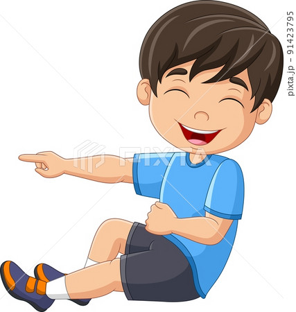 Cartoon boy laughing out loudly and pointing 91423795