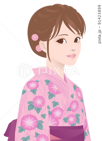 朝顔柄の浴衣の女の子 ピンク 朝顔柄の浴衣の女の子 ピンク 91423899