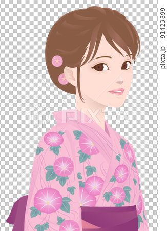 牽牛花圖案粉紅色的浴衣女孩 牽牛花圖案粉紅色的浴衣女孩 91423899