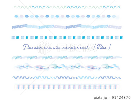 波、光、タイル、テープの青系水彩タッチ装飾ライン素材 91424376
