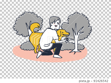 男人在森林里和寵物狗打球 享受大自然休閒時光的人 91426542