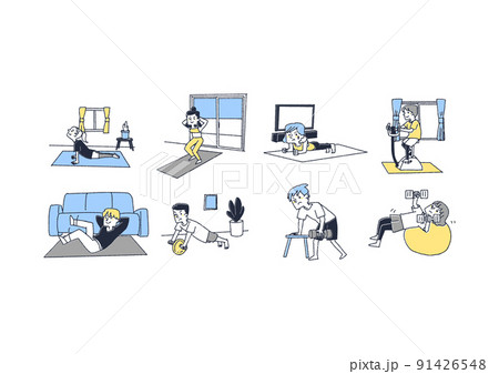 自宅で運動をする人々のセット コミカルな手書きの人物 ベクター 温かみのある線画のイラスト素材