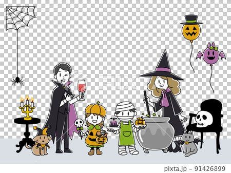ハロウィン仮装をしてホームパーティーをする4人家族とペット（イヌ・ネコ）のイラスト 91426899