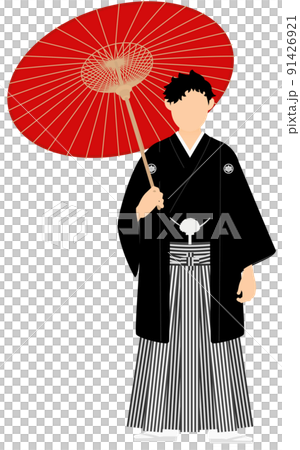 紋付袴の男性(和服姿)、番傘を持ってポーズを取る 紋付袴の男性(和服姿)、番傘を持ってポーズを取る 91426921