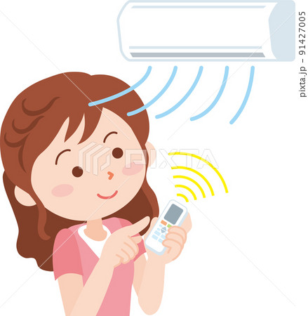 リモコンでエアコンをつける女性 リモコンでエアコンをつける女性 91427005