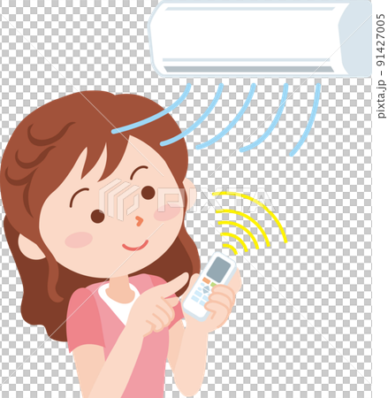 リモコンでエアコンをつける女性 リモコンでエアコンをつける女性 91427005