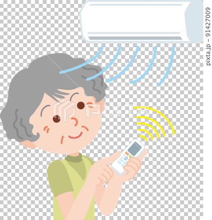 リモコンでエアコンをつける高齢女性 91427009