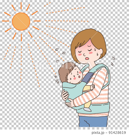 Illustration of the upper body of a mother holding a baby in the sun. 91428619