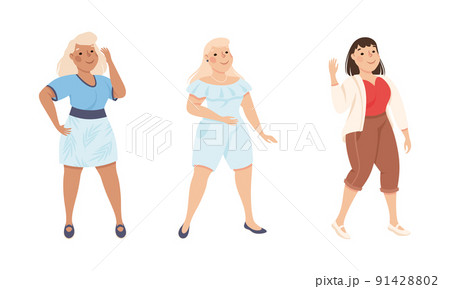 Plus Size Woman Standing and Smiling Accepting Their Physical Body Vector Set 91428802