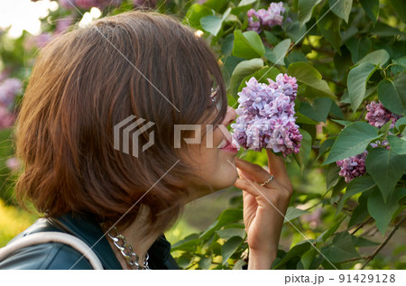 Close up portrait of beautiful woman smelling purple lilac Close up portrait of beautiful woman smelling purple lilac 91429128