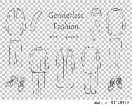 ジェンダーレスファッションのペン画セット ゆるコーデ ユニセックスの