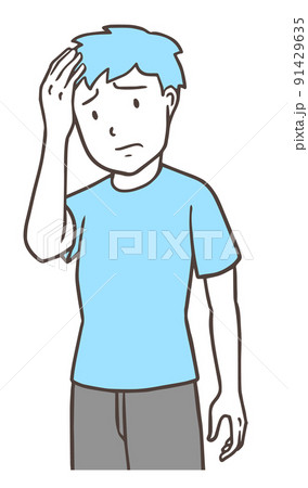 頭痛の男性、片方の手で頭を押さえて伏し目がちな表情、シンプルな色 91429635