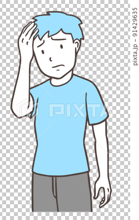 頭痛の男性、片方の手で頭を押さえて伏し目がちな表情、シンプルな色 91429635