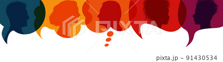 Speech bubble.Silhouette heads people in profile.Talking dialogue and inform.Communicate between a group of multiethnic and multicultural people who talk and share ideas.Diversity people 91430534