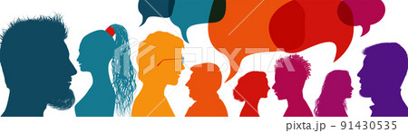 Silhouette heads people in profile.Speech bubble. Crowd talking and inform.Communicate between a group of multiethnic and multicultural people who talk and share ideas.Diversity people 91430535