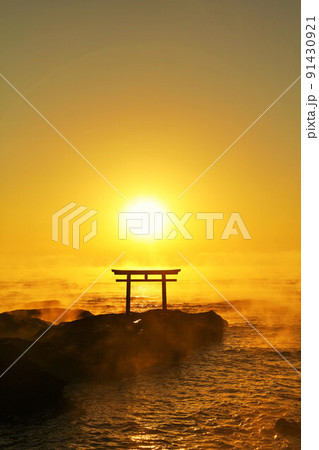 茨城県　大洗磯前神社の初日の出と毛嵐の風景 91430921