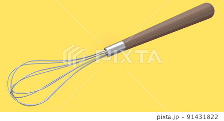 Steel whisk with wooden handle for blending isolated on yellow background. 91431822