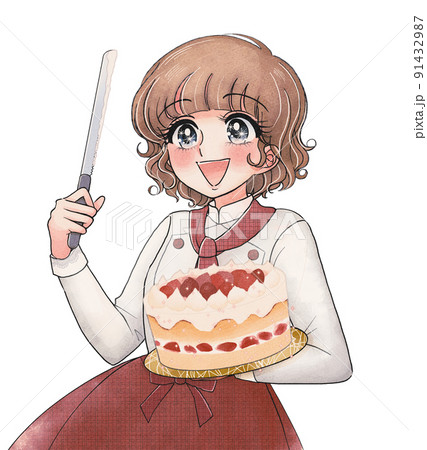 昭和50年代少女まんが風・ホールケーキとナイフを持ったパティシエール 91432987