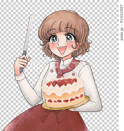 昭和50年代少女まんが風・ホールケーキとナイフを持ったパティシエール 91432987