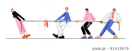 Gender rivalry, men team tug of war with woman 91433679